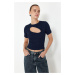 Trendyol Navy Blue Cut Out Fitted Crew Neck Crop Ribbed Stretchy Knitted Blouse