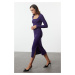 Trendyol Purple Ribbed Square Neck Fitted Long Sleeve Slit Midi Dress