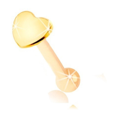 Piercing do nosa v žltom 9K zlate - rovný tvar, ploché srdiečko