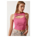 Happiness İstanbul Women's Pink Cut Out Detailed Corded Crop Knitted Blouse