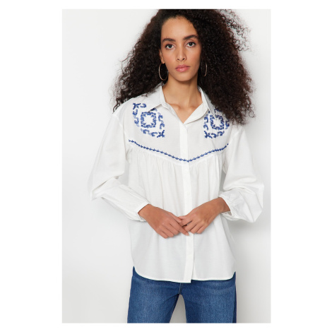 Trendyol Ecru Embroidered Cotton Woven Shirt