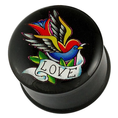 Plug do ucha - pestrofarebný vtáčik, stuha a nápis LOVE - Hrúbka piercingu: 23,5 mm