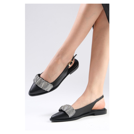 Mio Gusto Aisha Women's Flat Shoes From Genuine Leather Black Color With Shirring Stone Band Fla