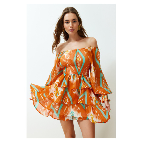 Trendyol Orange Floral Skater Madonna Neck Chiffon Lined Mini Woven Dress