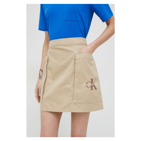 Bavlnená sukňa Calvin Klein Jeans béžová farba, mini, rovný strih