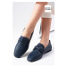 Mio Gusto Candy Genuine Leather Navy Blue Women's Blunt Toe Loafers with Bow Accessories