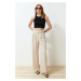 Trendyol Stone Hook and Loop Closure High Waist Pleated Wide Leg/Wide Cut Knitted Trousers