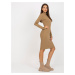 Camel basic everyday dress with a stripe above the knee