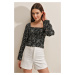 Bigdart 0465 Knitted Blouse with Balloon Sleeves - B.black