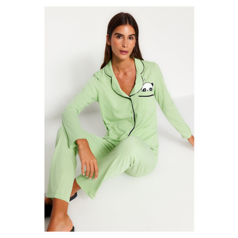 Trendyol Mint Cotton Panda Printed Shirt-Pants Knitted Pajama Set