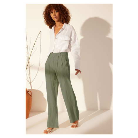 Trendyol Green 100% Linen Pleated High Waist Wide Leg Trousers