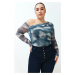 Trendyol Curve Indigo Tulle Lined Asymmetric Collar Knitted Blouse