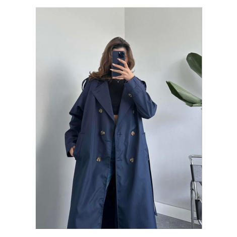 Laluvia Navy Blue Button Detailed Long Trench Coat with a Belt