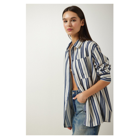 Happiness İstanbul Women's Cream Navy Blue Striped Oversize Knitted Shirt