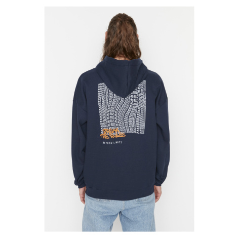 Trendyol Navy Blue Oversize/Wide Cut Text Printed Inside Polar Fleece/Warm Sweater