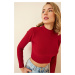 Happiness İstanbul Women's Burgundy Ribbed Turtleneck Crop Knitted Blouse
