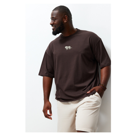 Trendyol Plus Size Dark Brown Oversize Animal Print Embroidery 100% Cotton T-Shirt