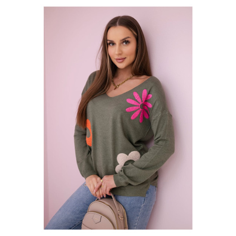 Sweater blouse with khaki floral pattern