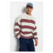 Trendyol Dusty Rose Casual Oversize Fit Wide Mold Crew Neck Striped Knitwear Sweater