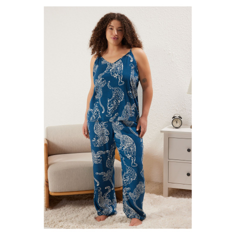 Trendyol Curve Navy Blue Tiger Patterned Rope Strap Viscose Woven Pajama Set