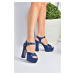 Fox Shoes Navy Blue Satin Fabric Platform Heels, Women's Evening Dress Shoes