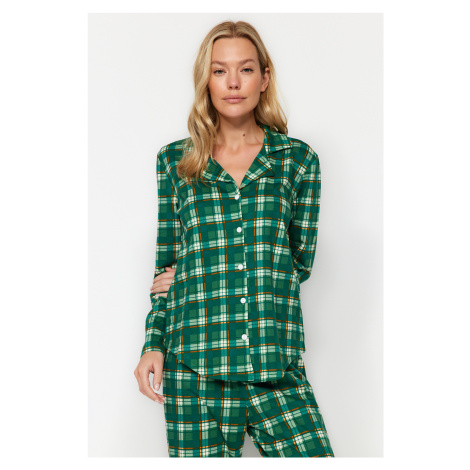 Trendyol Green 100% Cotton Check Shirt-Pants Knitted Pajamas Set