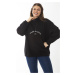 Şans Women's Plus Size Black Inset Sweatshirt with Zipper and Embroidery Detail on the Front Pai
