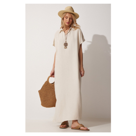 Happiness İstanbul Women's Cream Long Summer Linen Dress with a Necklace
