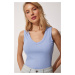 Happiness İstanbul Women's Sky Blue V-Neck Ribbed Crop Blouse