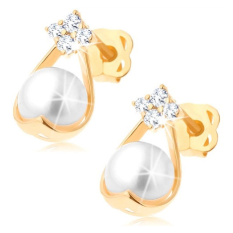 Zlaté briliantové náušnice 585 - štyri diamanty, kontúra kvapky s bielou perlou