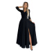 AMBER Elegant Lace Long Dress with Neckline and Slit on Legs - Black
