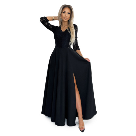 AMBER Elegantné čipkované dlhé šaty s výstrihom a rozparkom na nohách - čierne NUMOCO
