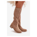 Openwork women's boots on a low heel eco suede fastened with a zipper dark beige orchids