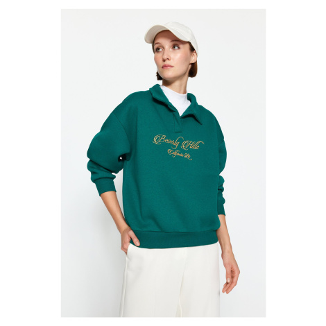 Trendyol Emerald Green Shirt Collar With Embroidery Regular Fit, Fleece Inside Knitted Sweatshir