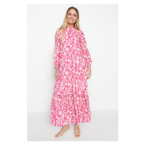 Trendyol Dark Pink Floral Half Patties With Frill Trim Lined Woven Dress