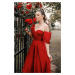 Carmen Burgundy Organza Engagement Evening Dress with Low Sleeves.