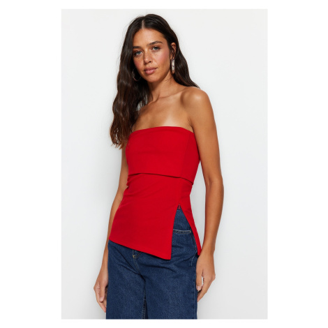 Trendyol Red Crepe Knitted Blouse with a Strapless Collar and Zipper on the Side