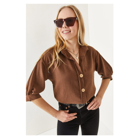 Olalook Women's Bitter Brown Wooden Buttoned Three Quarter Sleeve Linen Shirt