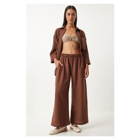 Happiness İstanbul Women's Brown Wide Pocket Linen Blend Shirt and Trousers Set