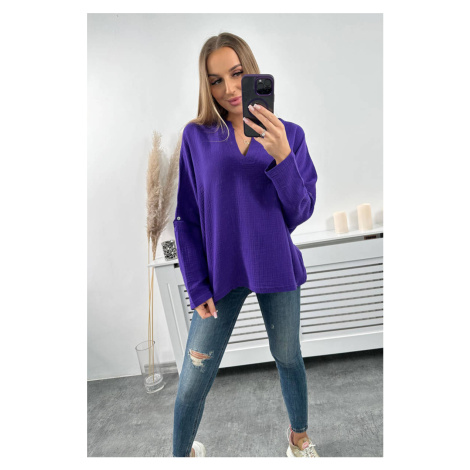 Cotton blouse with rolled-up sleeves of dark purple color