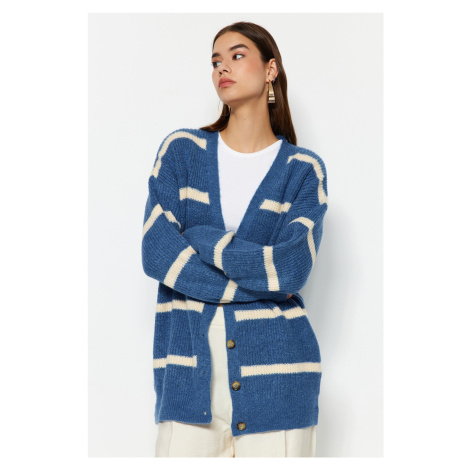 Trendyol Blue Wide Fit Soft Textured Striped Knitwear Cardigan