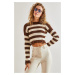 Bianco Lucci Women's Ripped Patterned Crop Striped Sweater