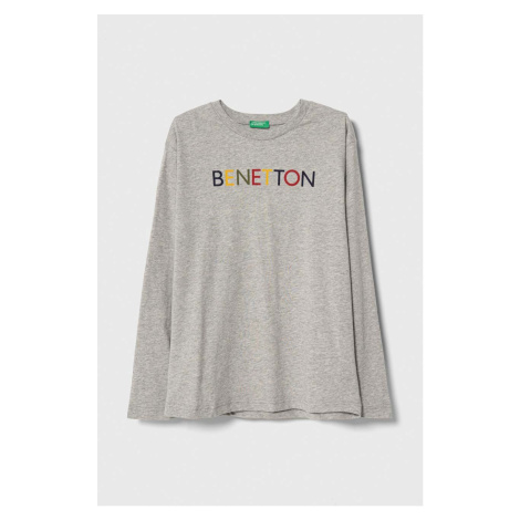 Detská bavlnená košeľa s dlhým rukávom United Colors of Benetton šedá farba, s potlačou