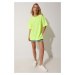Happiness İstanbul Women's Neon Green Crew Neck Slits in the Side Oversized T-Shirt
