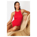 Trendyol Red Halter Neck Textured Regular Swimsuit with Accessories