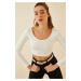 Happiness İstanbul Women's White U Neck Crop Knitted Blouse