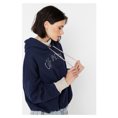 Trendyol Navy Blue Thick Knitted Sweatshirt with a Fleece Inside Tricot Tape Detailed Hoodie