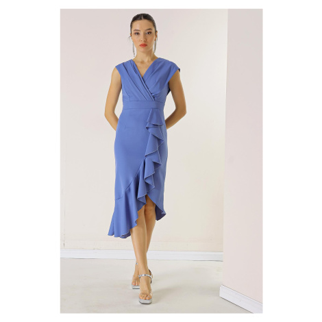 By Saygı Double Breasted Collar Front Flounce Lined Crepe Dress