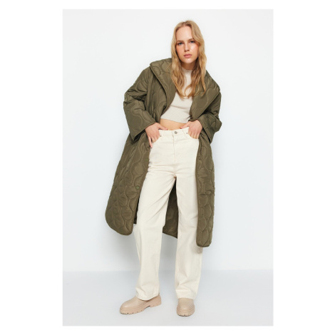 Trendyol khaki oversize dlhá prešívaná bunda odpudzujúca vodu