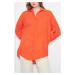 armonika Women's Orange Oversize Textured Linen Look Wide Cuff Shirt